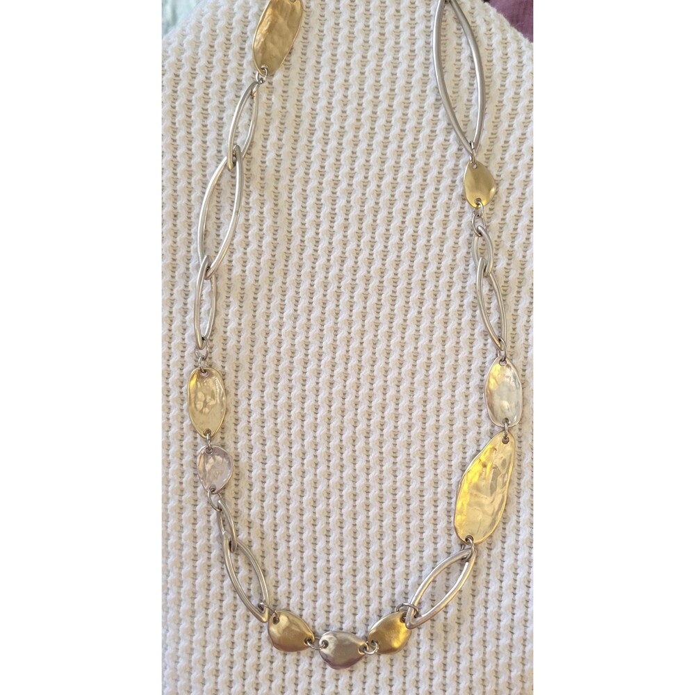 Chicos Mixed Metal Statement Necklace Hammered Silver Gold Tone Layering Jewelry
